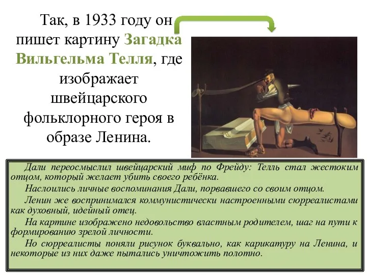 Так, в 1933 году он пишет картину Загадка Вильгельма Телля, где