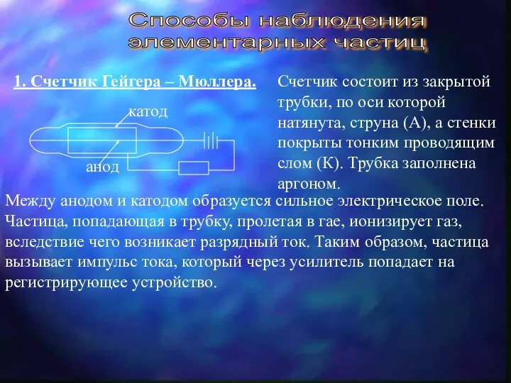 Способы наблюдения элементарных частиц катод анод 1. Счетчик Гейгера – Мюллера.