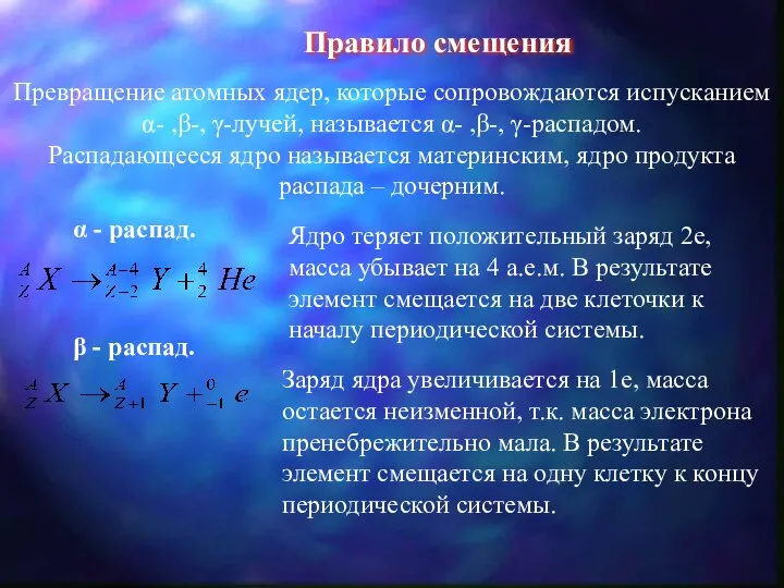 Правило смещения Превращение атомных ядер, которые сопровождаются испусканием α- ,β-, γ-лучей,