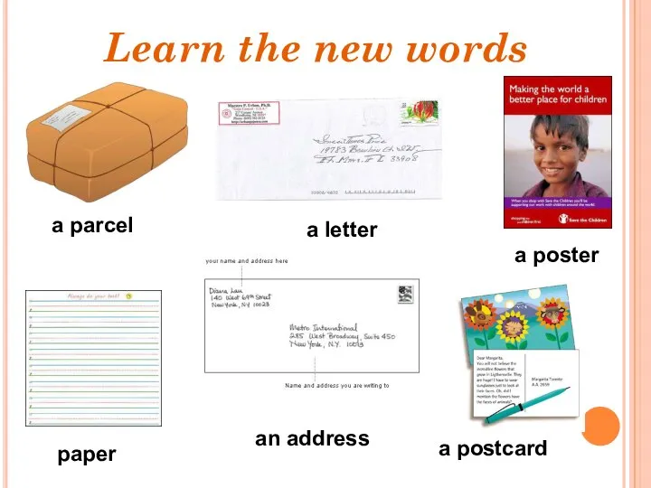 Learn the new words a parcel a poster paper a postcard a letter an address