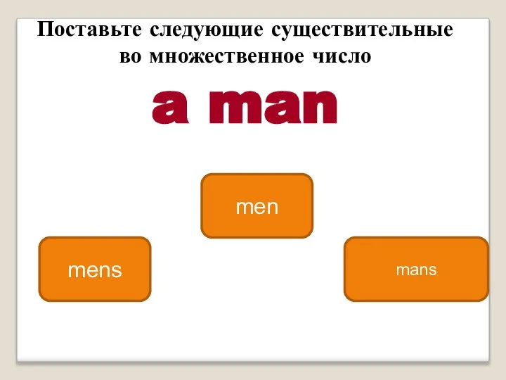 men mens mans Поставьте следующие существитель­ные во множественное число a man