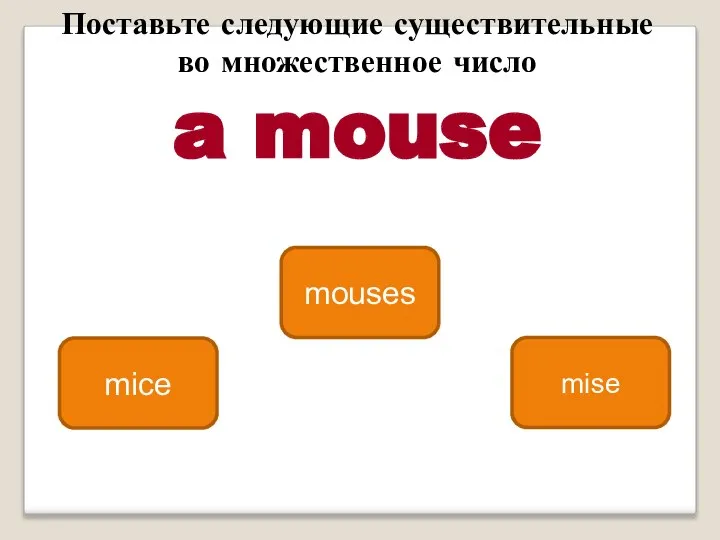 mice mouses mise Поставьте следующие существитель­ные во множественное число a mouse
