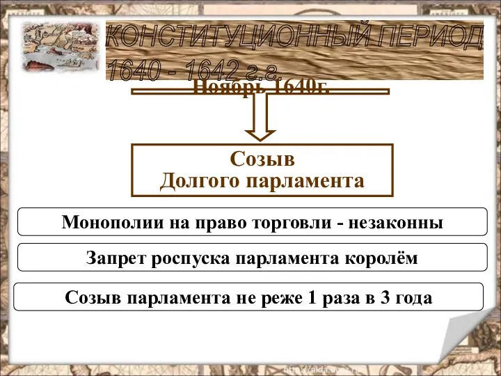 КОНСТИТУЦИОННЫЙ ПЕРИОД 1640 - 1642 г.г. Ноябрь 1640г. Созыв Долгого парламента