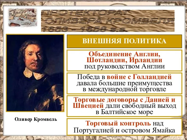 ПРОТЕКТОРАТ ОЛИВЕРА КРОМВЕЛЯ 1653 - 1658 г.г. Оливер Кромвель ВНЕШНЯЯ ПОЛИТИКА