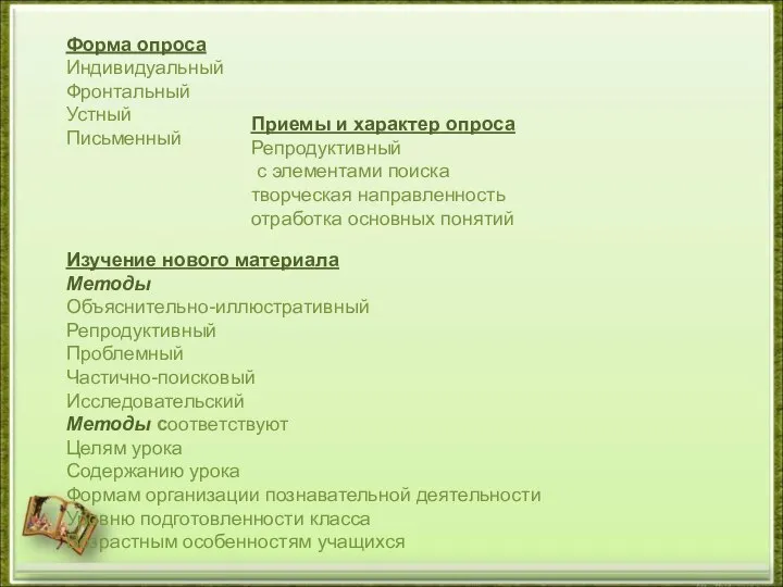 Форма опроса Индивидуальный Фронтальный Устный Письменный Приемы и характер опроса Репродуктивный