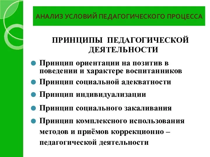 АНАЛИЗ УСЛОВИЙ ПЕДАГОГИЧЕСКОГО ПРОЦЕССА ПРИНЦИПЫ ПЕДАГОГИЧЕСКОЙ ДЕЯТЕЛЬНОСТИ Принцип ориентации на позитив