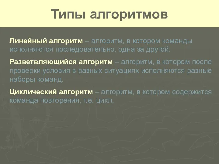 Типы алгоритмов Линейный алгоритм – алгоритм, в котором команды исполняются последовательно,