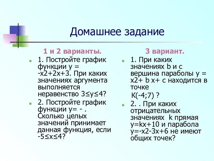 Домашнее задание 1 и 2 варианты. 1. Постройте график функции y