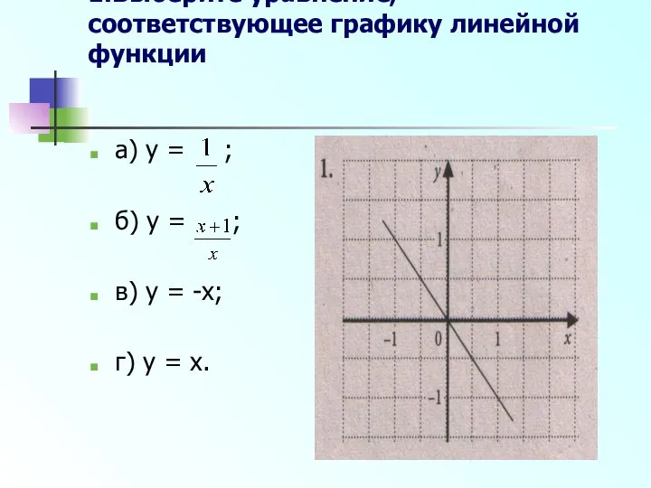 1.Выберите уравнение, соответствующее графику линейной функции а) y = ; б)