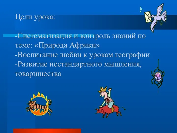 Цели урока: -Систематизация и контроль знаний по теме: «Природа Африки» -Воспитание