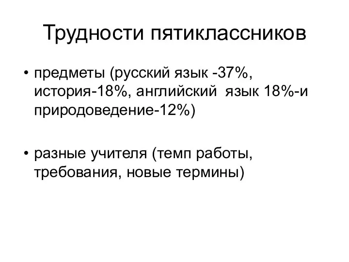 Трудности пятиклассников предметы (русский язык -37%, история-18%, английский язык 18%-и природоведение-12%)