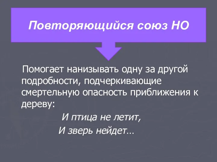 Помогает нанизывать одну за другой подробности, подчеркивающие смертельную опасность приближения к