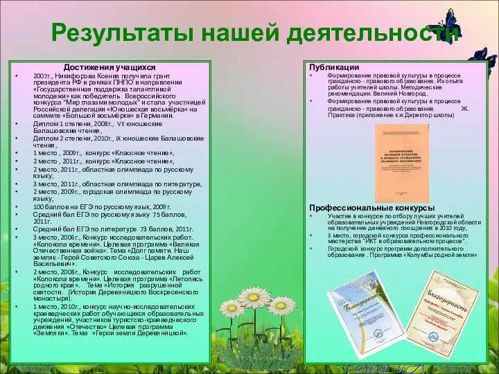 Результаты нашей деятельности Достижения учащихся 2007г., Никифорова Ксения получила грант президента