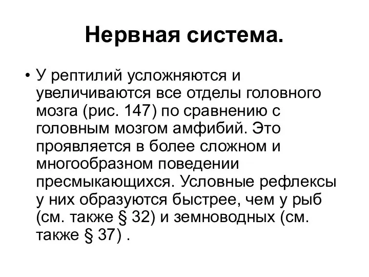 Нервная система. У рептилий усложняются и увеличиваются все отделы головного мозга