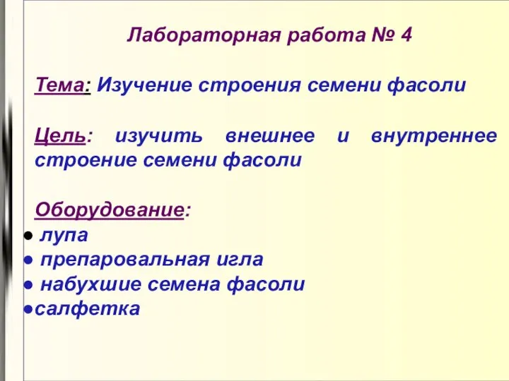 Лабораторная работа № 4 Тема: Изучение строения семени фасоли Цель: изучить