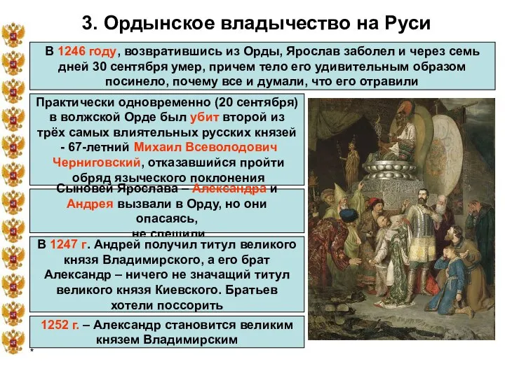 * 3. Ордынское владычество на Руси В 1246 году, возвратившись из