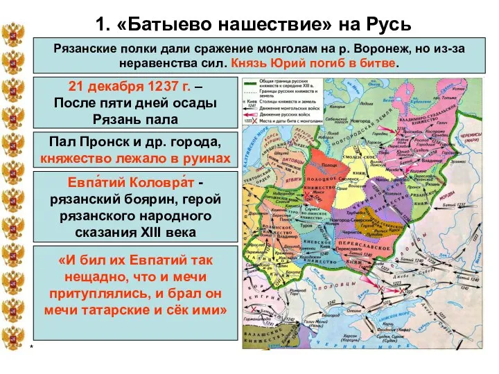 * 1. «Батыево нашествие» на Русь Рязанские полки дали сражение монголам