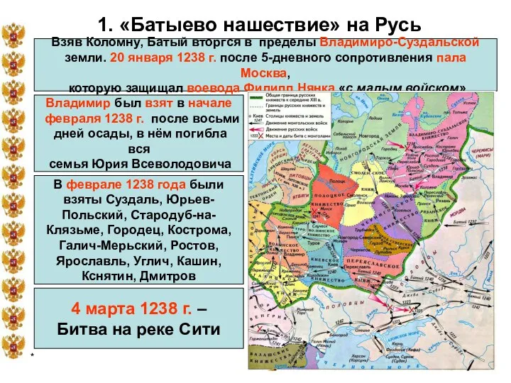 * 1. «Батыево нашествие» на Русь Взяв Коломну, Батый вторгся в