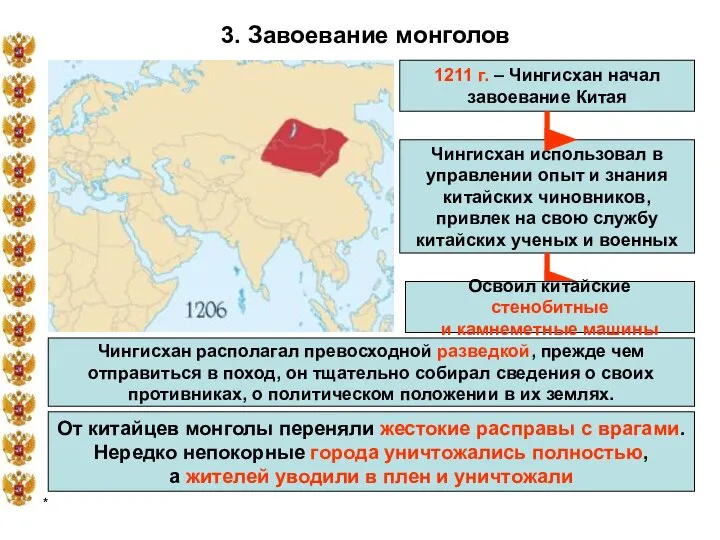 * 3. Завоевание монголов 1211 г. – Чингисхан начал завоевание Китая