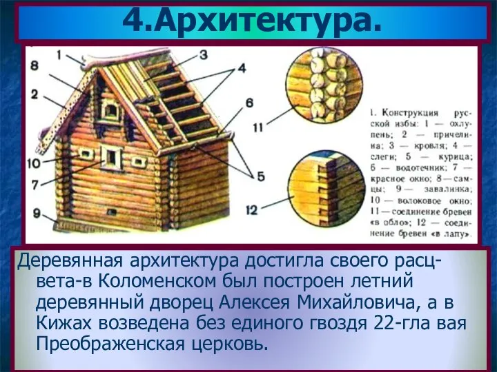 Деревянная архитектура достигла своего расц-вета-в Коломенском был построен летний деревянный дворец