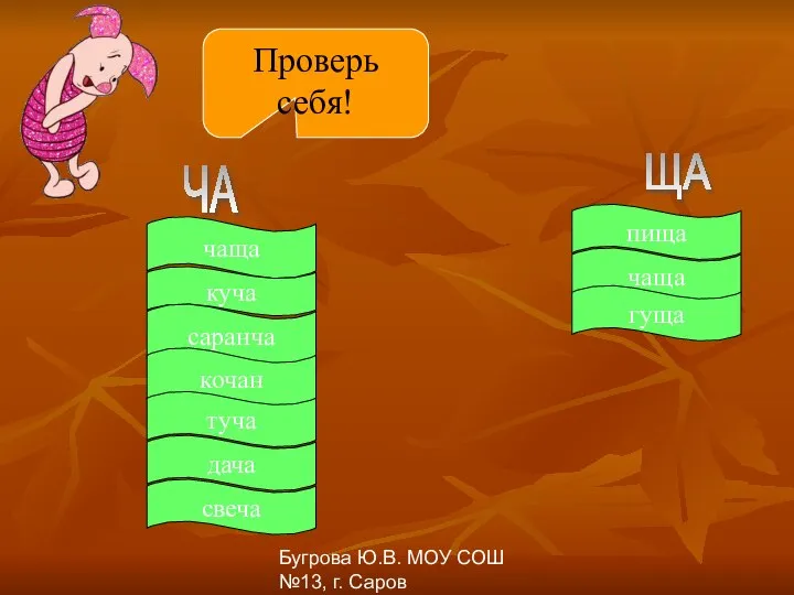 Бугрова Ю.В. МОУ СОШ №13, г. Саров Проверь себя! ЧА ЩА