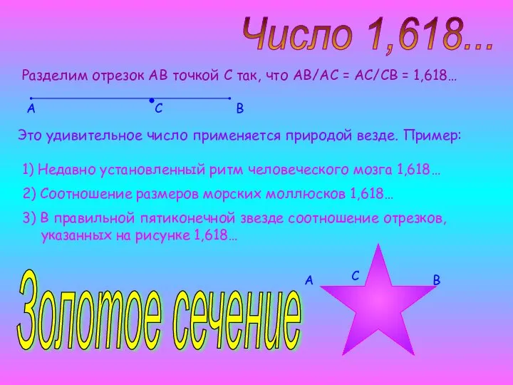 Число 1,618... Золотое сечение Разделим отрезок АВ точкой С так, что