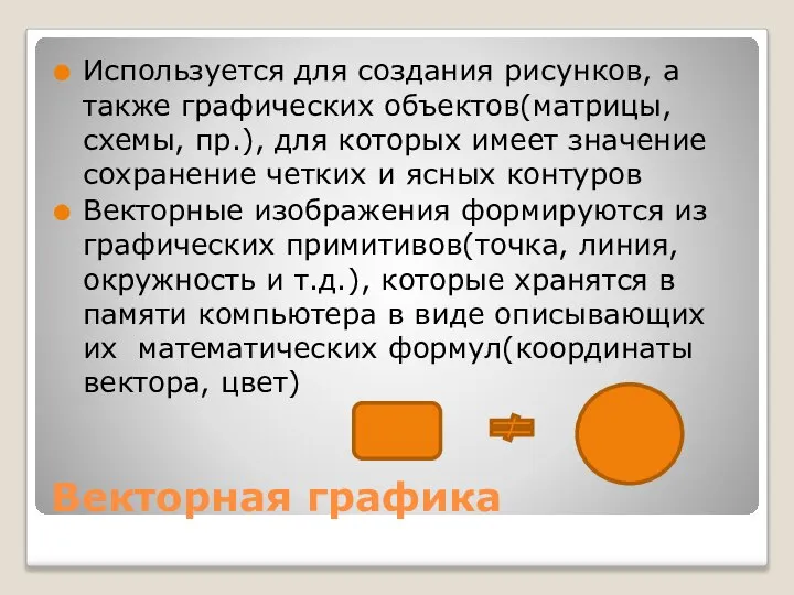 Векторная графика Используется для создания рисунков, а также графических объектов(матрицы, схемы,