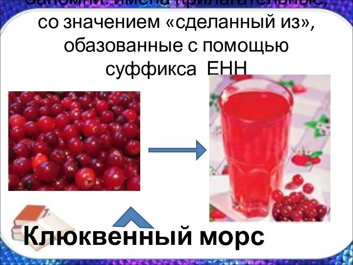 Запомни: имена прилагательные, со значением «сделанный из», обазованные с помощью суффикса ЕНН Клюквенный морс