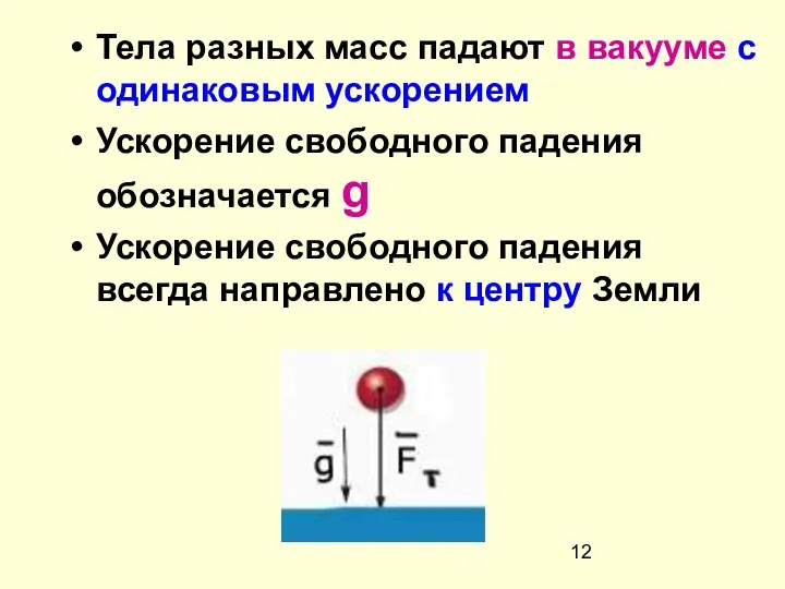 Тела разных масс падают в вакууме с одинаковым ускорением Ускорение свободного