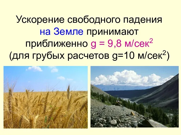 Ускорение свободного падения на Земле принимают приближенно g = 9,8 м/сек2 (для грубых расчетов g=10 м/сек2)