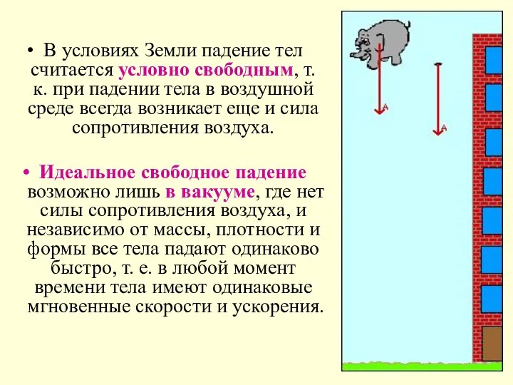 В условиях Земли падение тел считается условно свободным, т.к. при падении