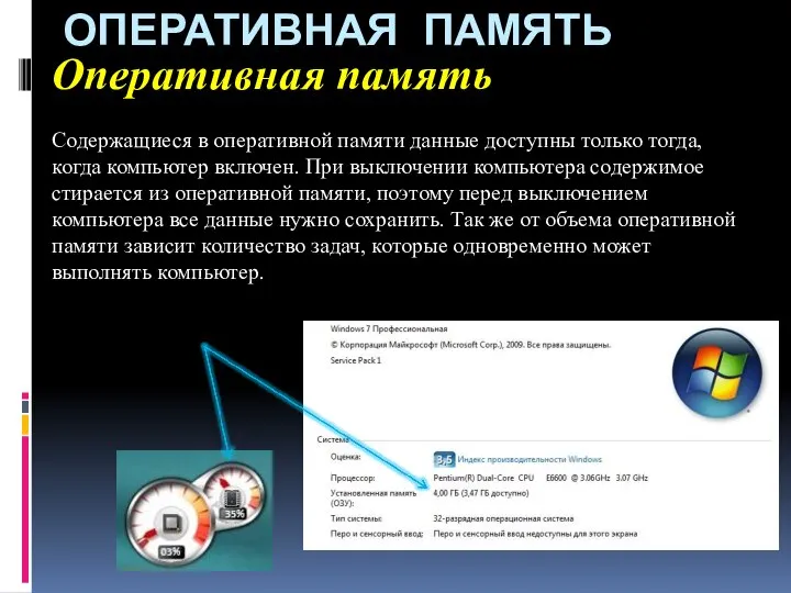 ОПЕРАТИВНАЯ ПАМЯТЬ Оперативная память Содержащиеся в оперативной памяти данные доступны только