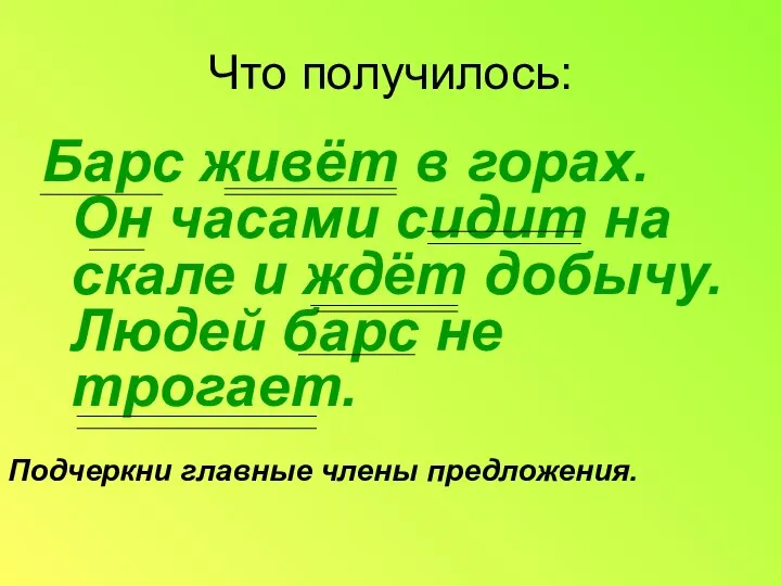 Что получилось: Барс живёт в горах. Он часами сидит на скале