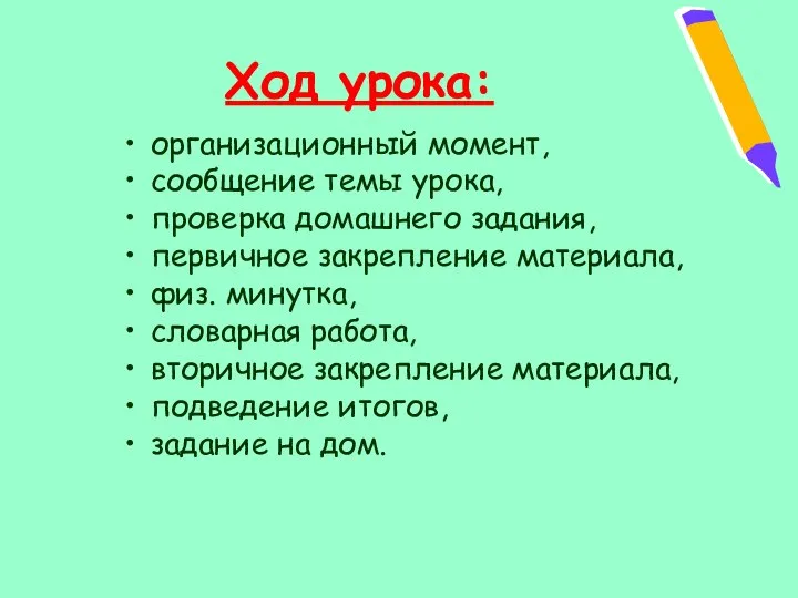 Ход урока: организационный момент, сообщение темы урока, проверка домашнего задания, первичное