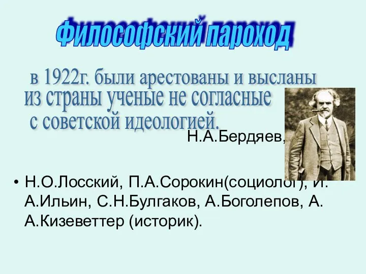 Н.А.Бердяев, Н.О.Лосский, П.А.Сорокин(социолог), И.А.Ильин, С.Н.Булгаков, А.Боголепов, А.А.Кизеветтер (историк). Философский пароход в