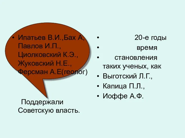 Ипатьев В.И.,Бах А, Павлов И.П., Циолковский К.Э., Жуковский Н.Е., Ферсман А.Е(геолог)