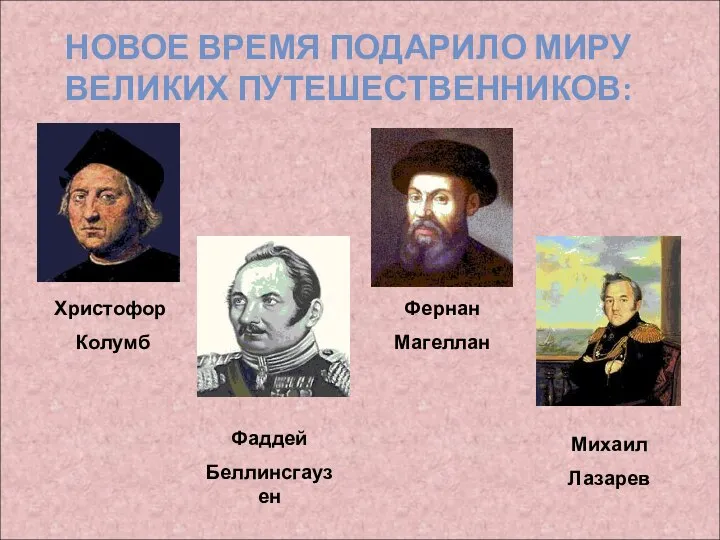 НОВОЕ ВРЕМЯ ПОДАРИЛО МИРУ ВЕЛИКИХ ПУТЕШЕСТВЕННИКОВ: Христофор Колумб Фернан Магеллан Фаддей Беллинсгаузен Михаил Лазарев