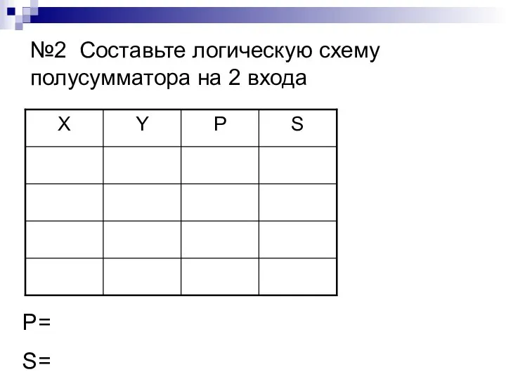 №2 Составьте логическую схему полусумматора на 2 входа P= S=