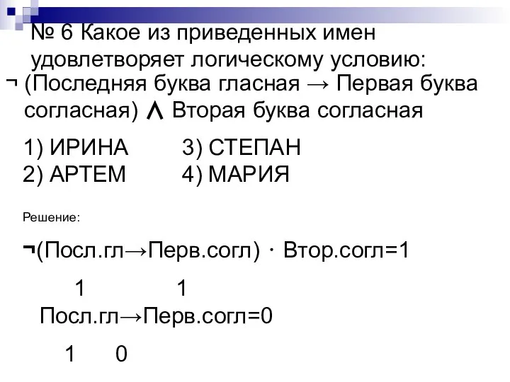 № 6 Какое из приведенных имен удовлетворяет логическому условию: ¬ (Последняя