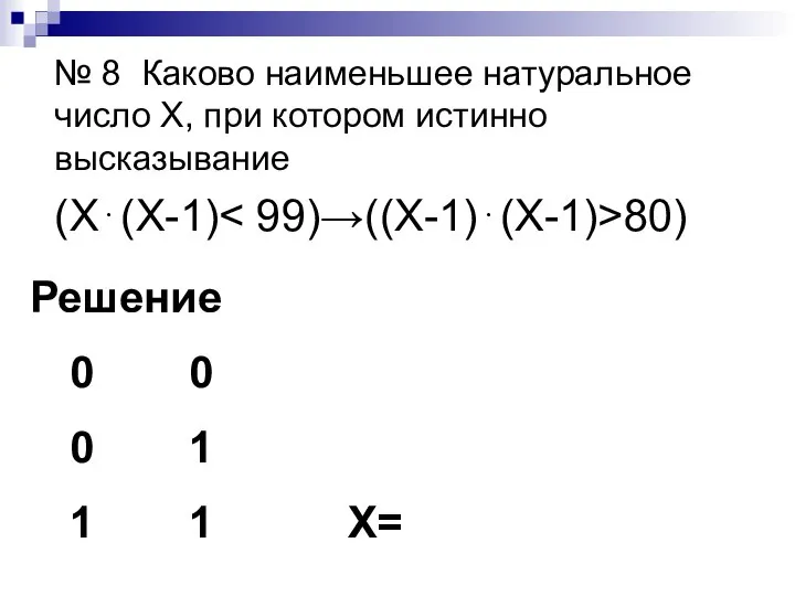 № 8 Каково наименьшее натуральное число X, при котором истинно высказывание