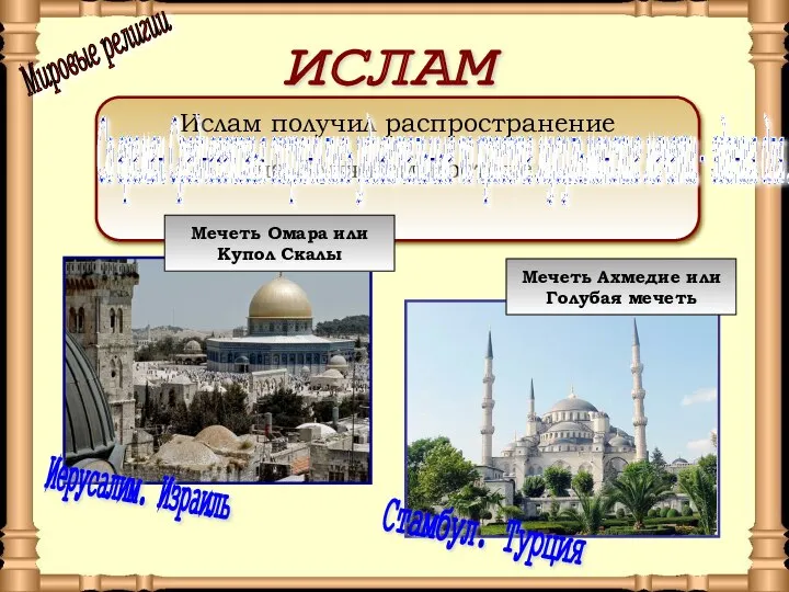 ИСЛАМ Ислам получил распространение на Ближнем Востоке. Со времен Средневековья сохранились