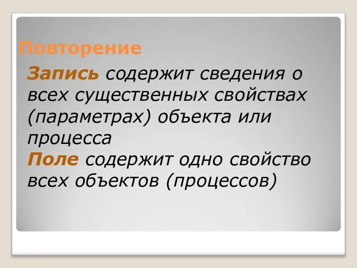 Повторение Запись содержит сведения о всех существенных свойствах (параметрах) объекта или