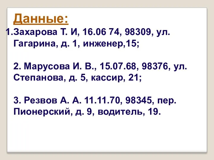 Данные: Захарова Т. И, 16.06 74, 98309, ул. Гагарина, д. 1,