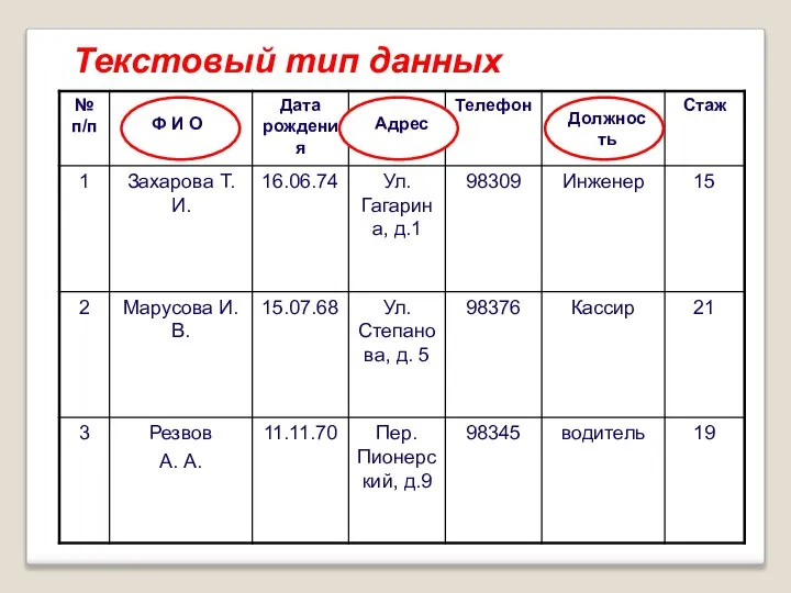 Текстовый тип данных Ф И О Адрес Должность