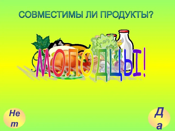 Нет Да СОВМЕСТИМЫ ЛИ ПРОДУКТЫ? МОЛОДЦЫ!