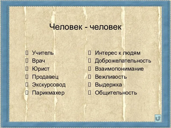 Человек - человек Учитель Врач Юрист Продавец Экскурсовод Парикмахер Интерес к