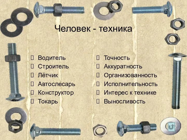 Человек - техника Водитель Строитель Лётчик Автослесарь Конструктор Токарь Точность Аккуратность