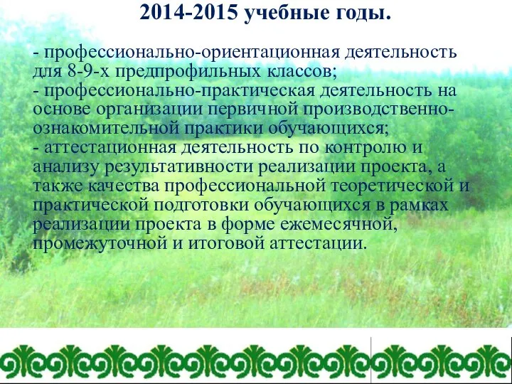 2 этап – внедренческий 2014-2015 учебные годы. - профессионально-ориентационная деятельность для