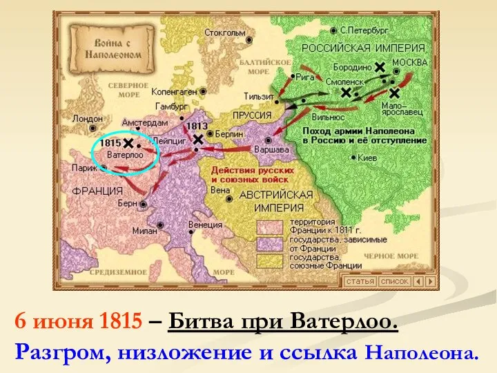 6 июня 1815 – Битва при Ватерлоо. Разгром, низложение и ссылка Наполеона.