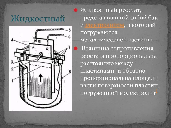 Жидкостный реостат, представляющий собой бак с электролитом, в который погружаются металлические